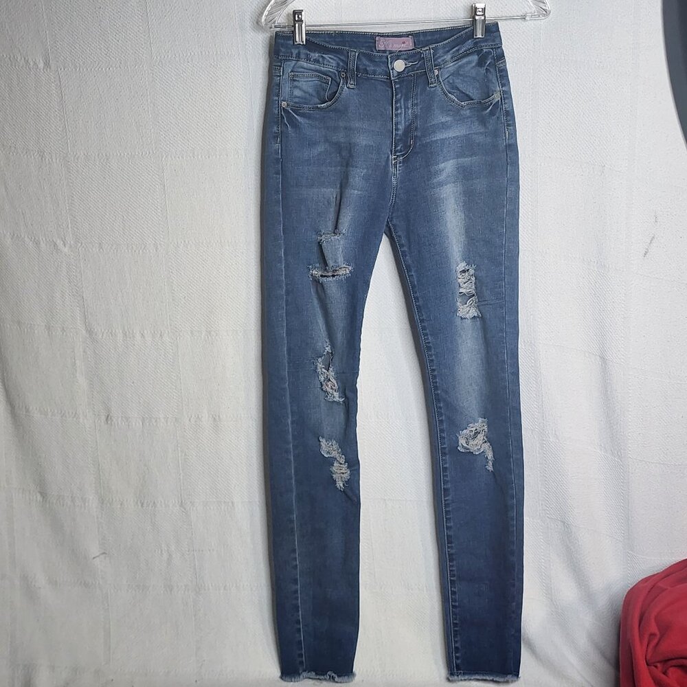 K's More Distressed Medium Wash Denim Stretch Frayed Hem Skinny Jeans Size 5